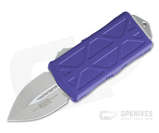 Microtech Exocet Purple Handle Stonewashed Plain Double Edge CA Legal OTF Auto 157-10PU