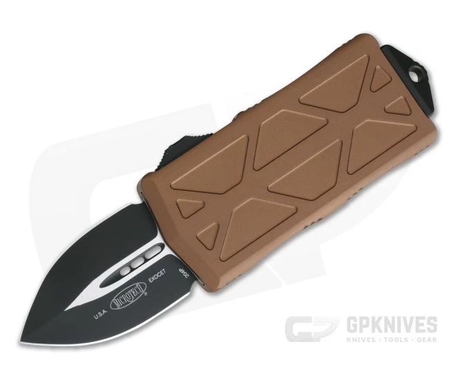 Microtech Exocet Black 204P Plain Double Edge Tan CA Legal OTF Auto 157-1TA