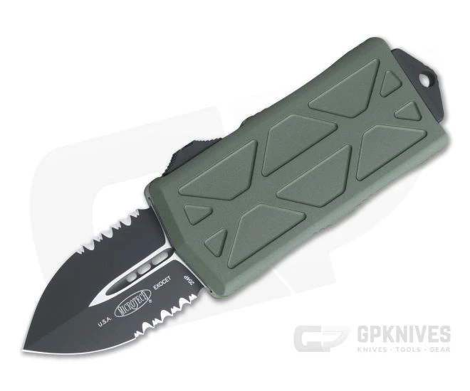 Microtech Exocet Black Partially Serrated 204P Double Edge OD Green CA Legal OTF Automatic 157-2OD