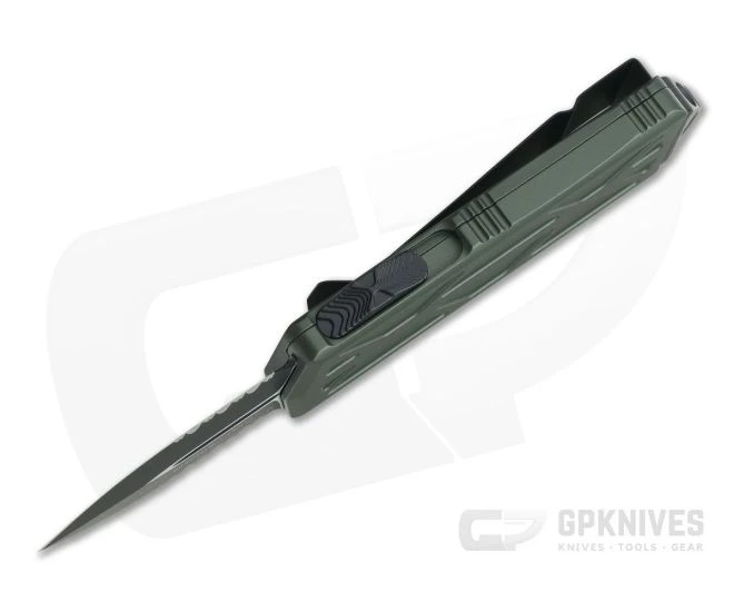 Microtech Exocet Black Partially Serrated 204P Double Edge OD Green CA Legal OTF Automatic 157-2OD - Image 3