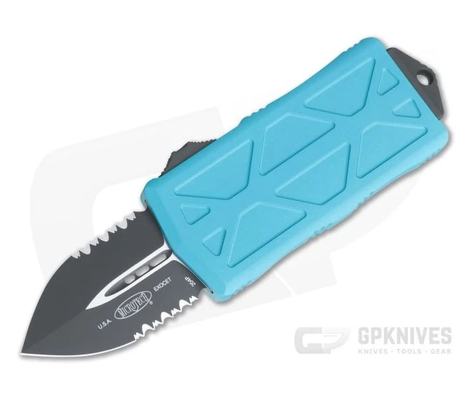 Microtech Exocet Black Partially Serrated 204P Double Edge Turquoise CA Legal OTF Automatic 157-2TQ