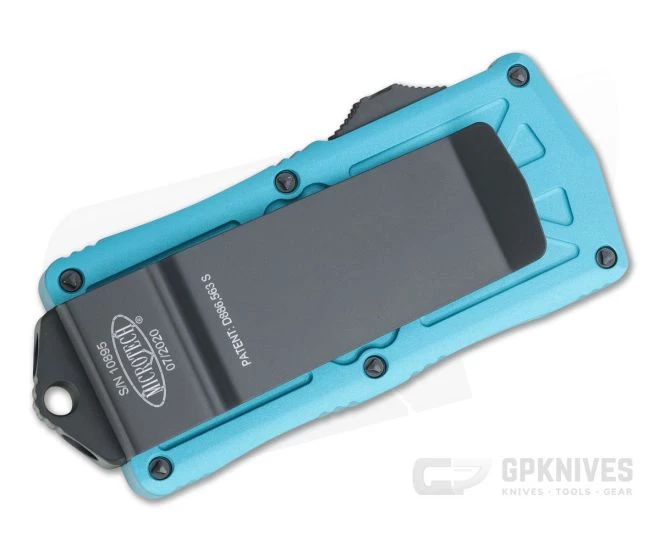 Microtech Exocet Black Partially Serrated 204P Double Edge Turquoise CA Legal OTF Automatic 157-2TQ - Image 2
