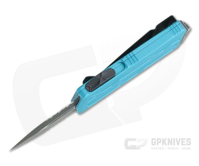 Microtech Exocet Black Partially Serrated 204P Double Edge Turquoise CA Legal OTF Automatic 157-2TQ - Image 3